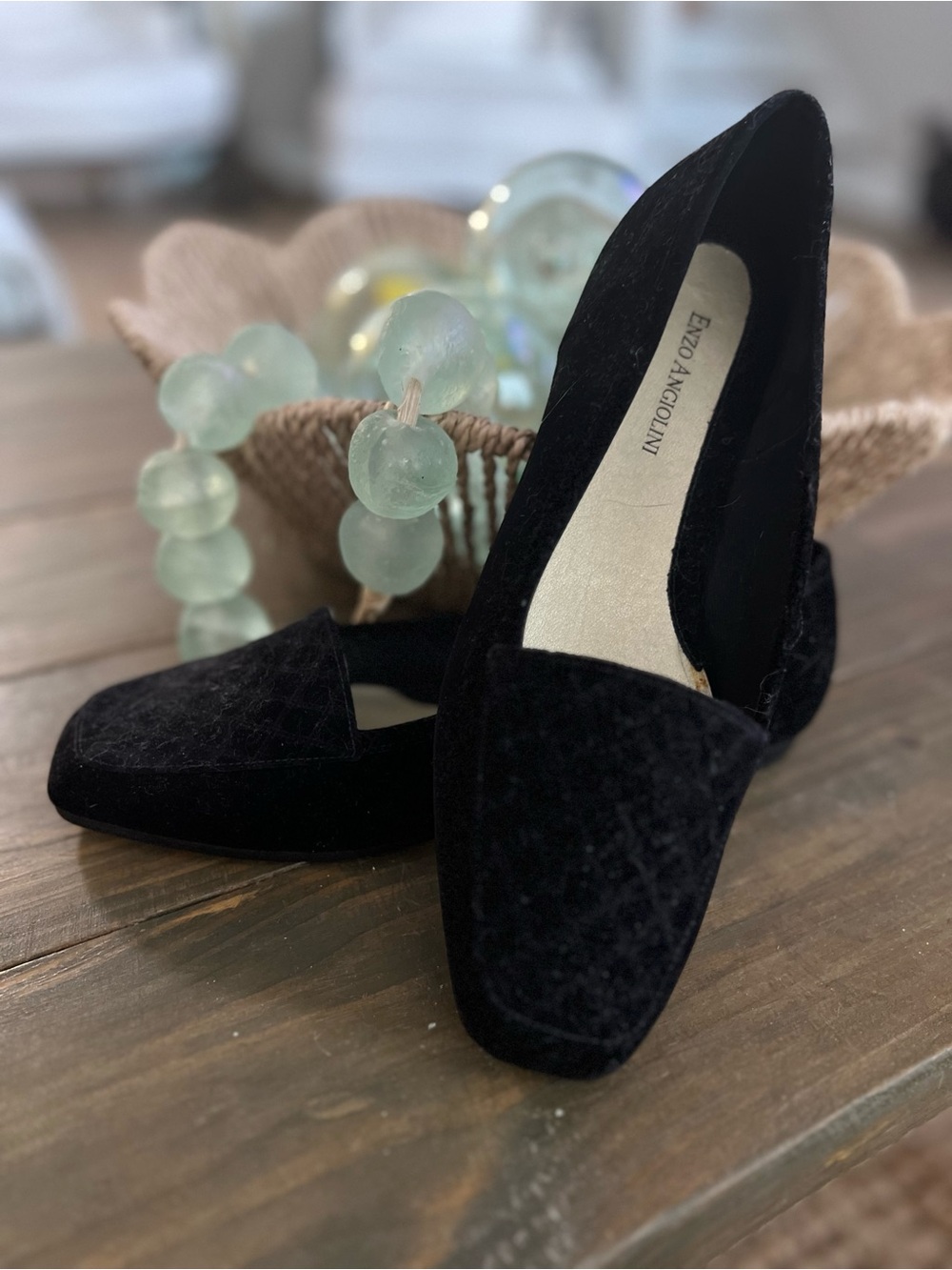 Enzo Angiolini Black Velvet Loafers with Square Toe